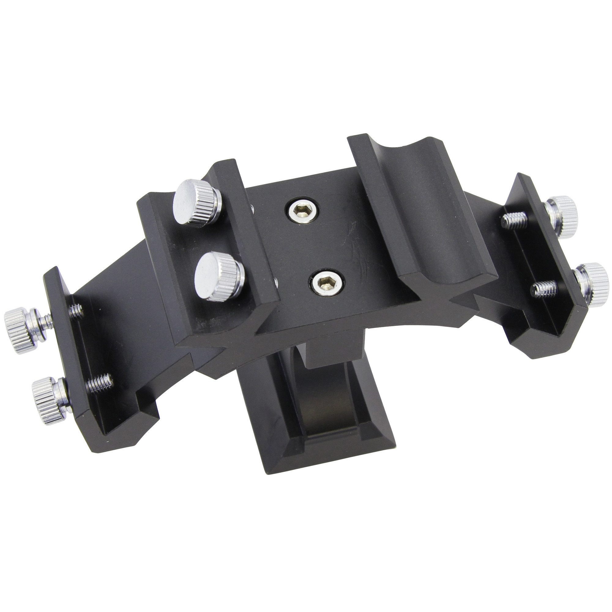 Ein schwarzer Verstellmechanismus mit silbernen Rändelschrauben und Metallstiften.