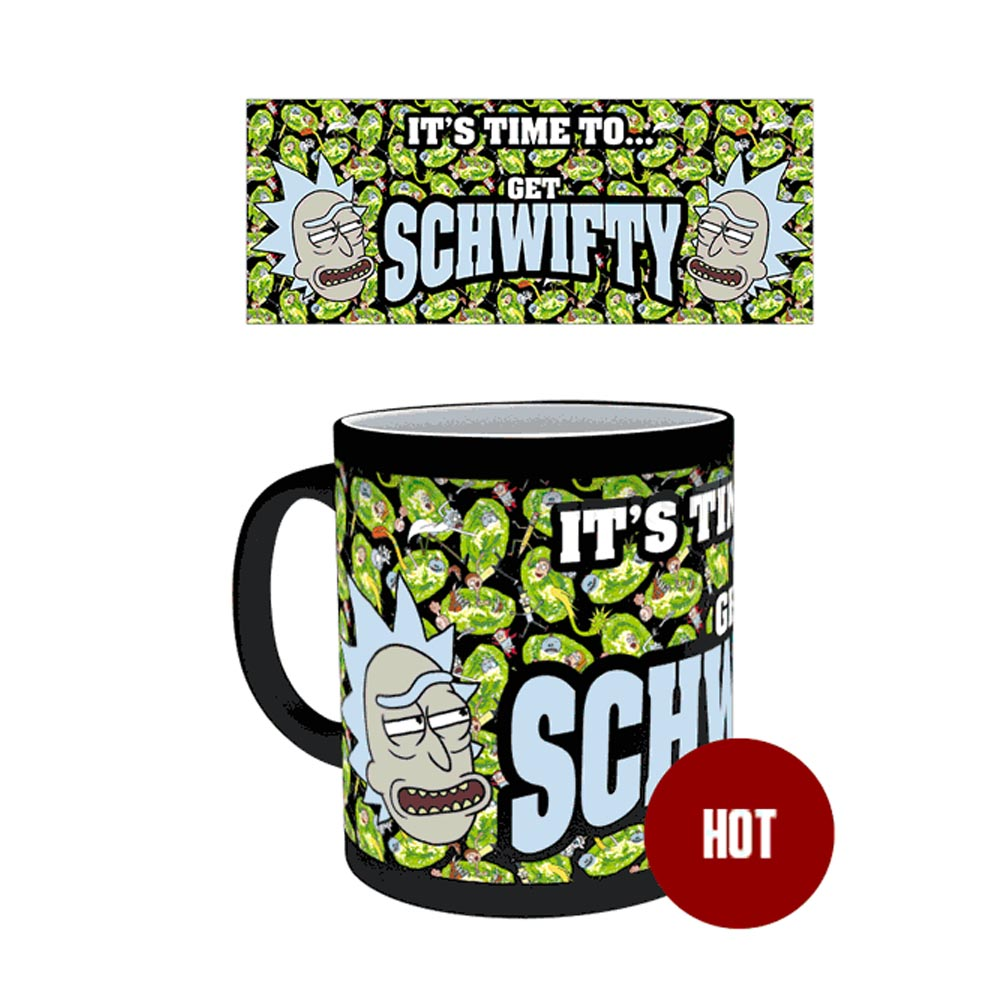 Taza con Rick de Rick and Morty, dice 'It's time to get Schwifty'.