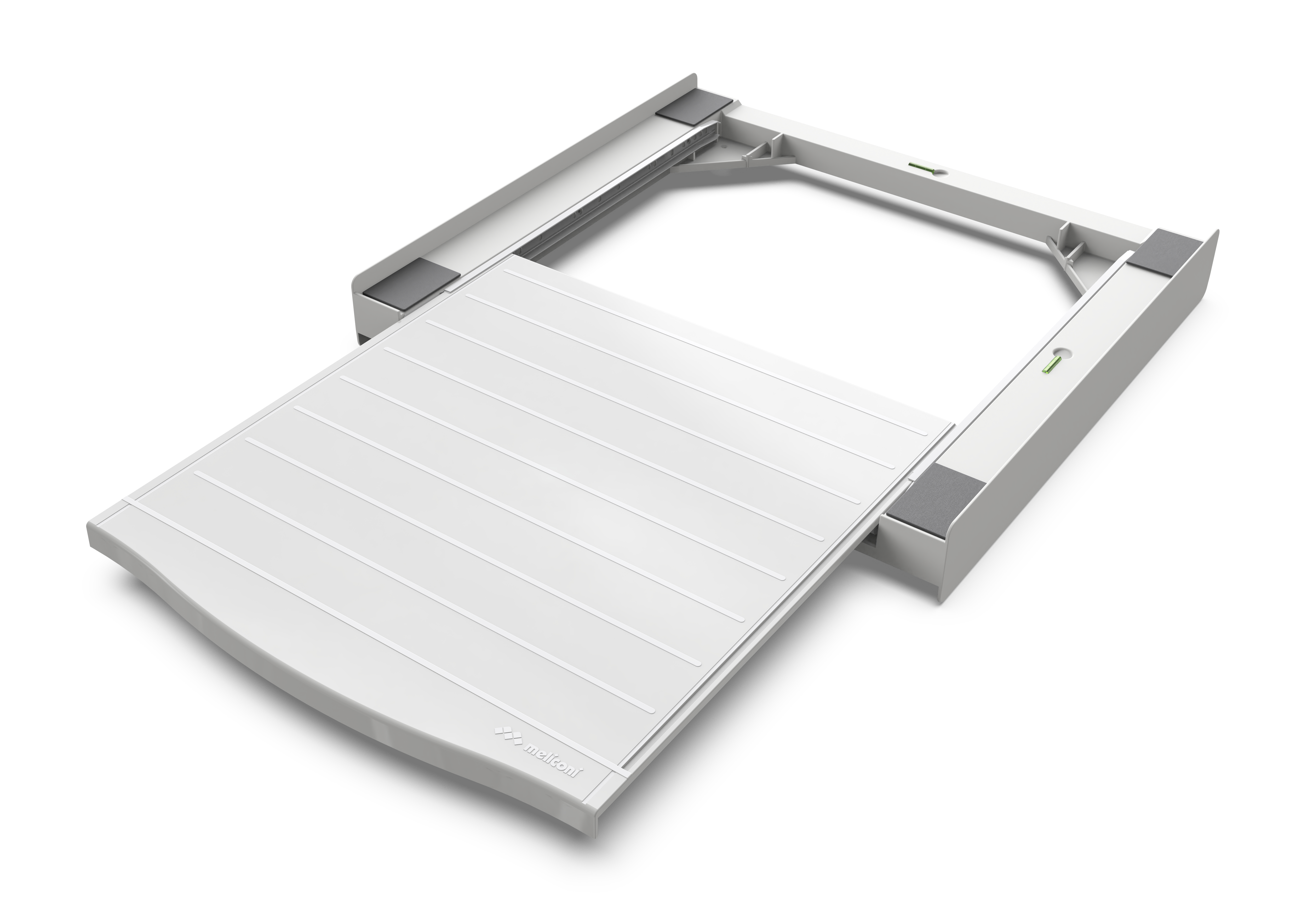 Un cajón extraíble blanco con ranuras y pies de goma sobre un marco de metal.