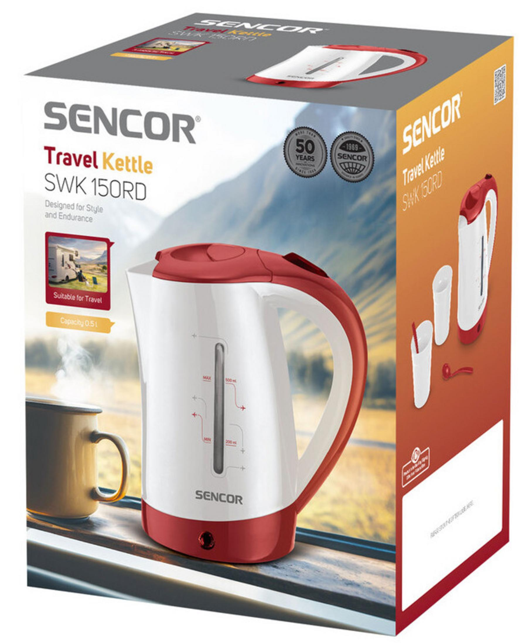 Confezione di un bollitore da viaggio SENCOR bianco e rosso con montagne sullo sfondo.