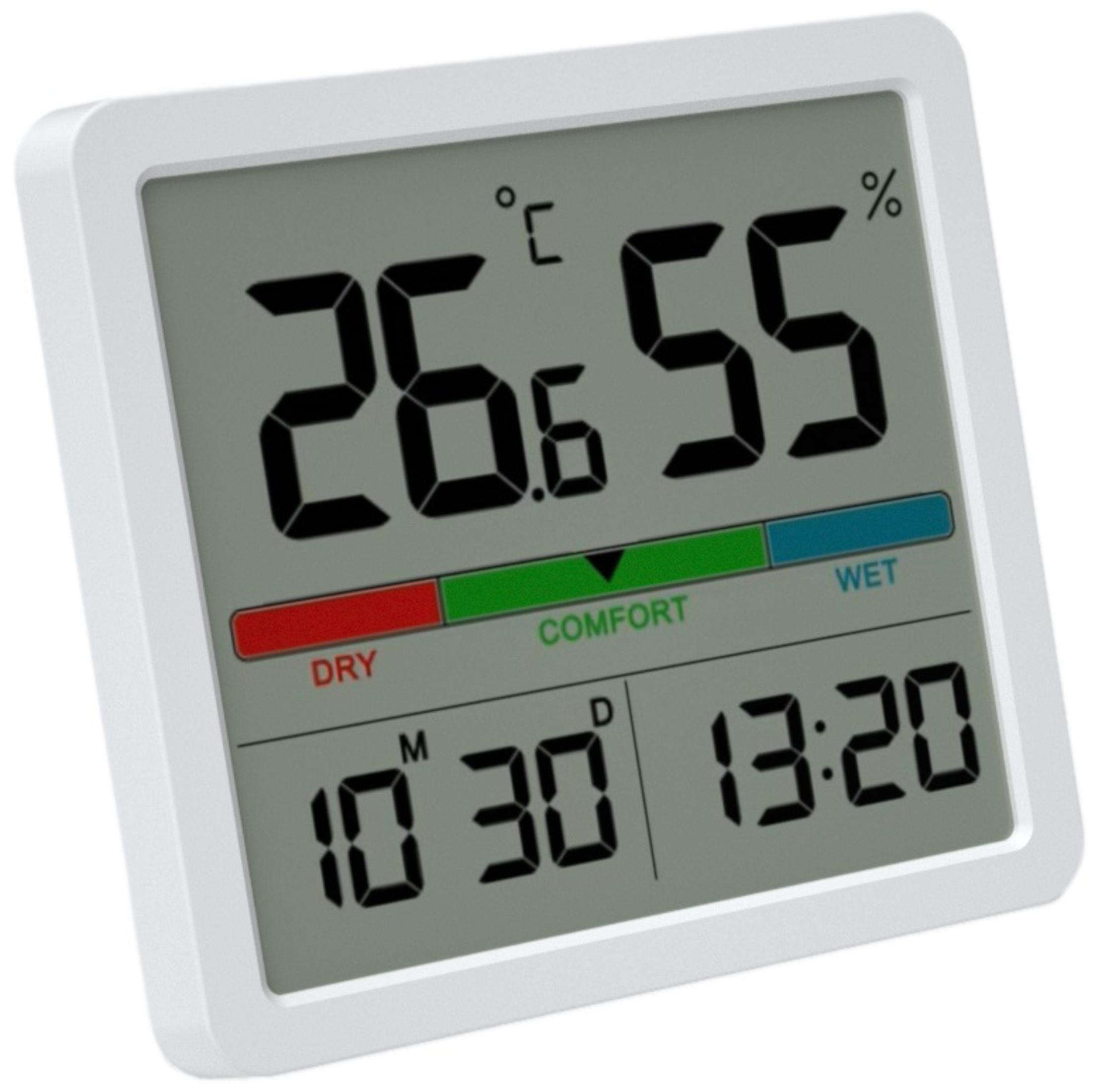 Termometr cyfrowy pokazuje 26.6°C, 55% wilgotności i 13:20.