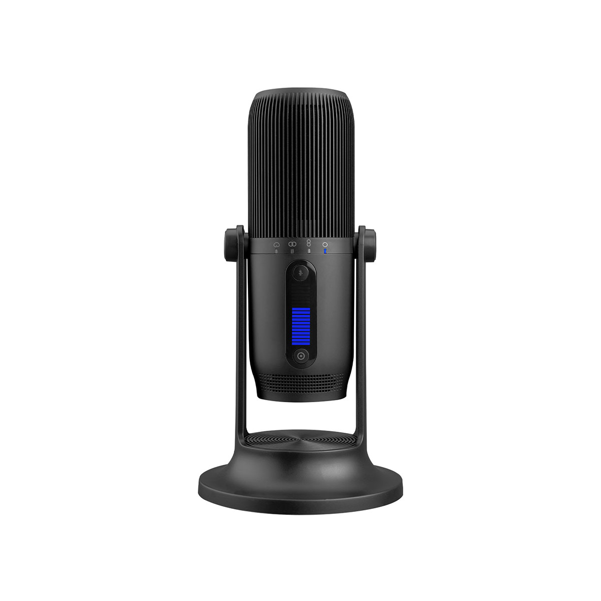 Un microfono da studio nero con display a LED blu e base circolare.