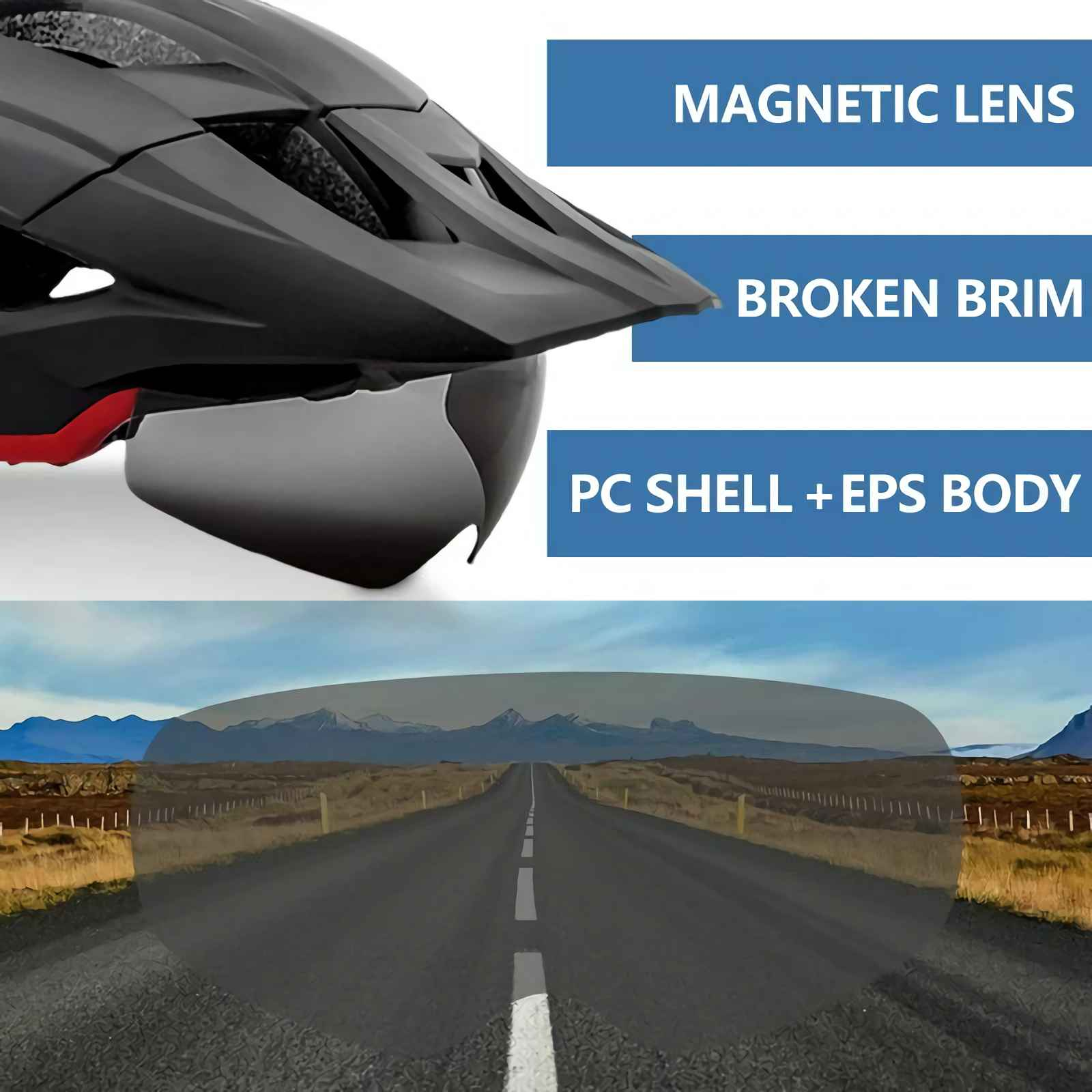 Schwarzer Fahrradhelm mit Magnetlinse und einer landschaftlichen Straße mit Bergen.