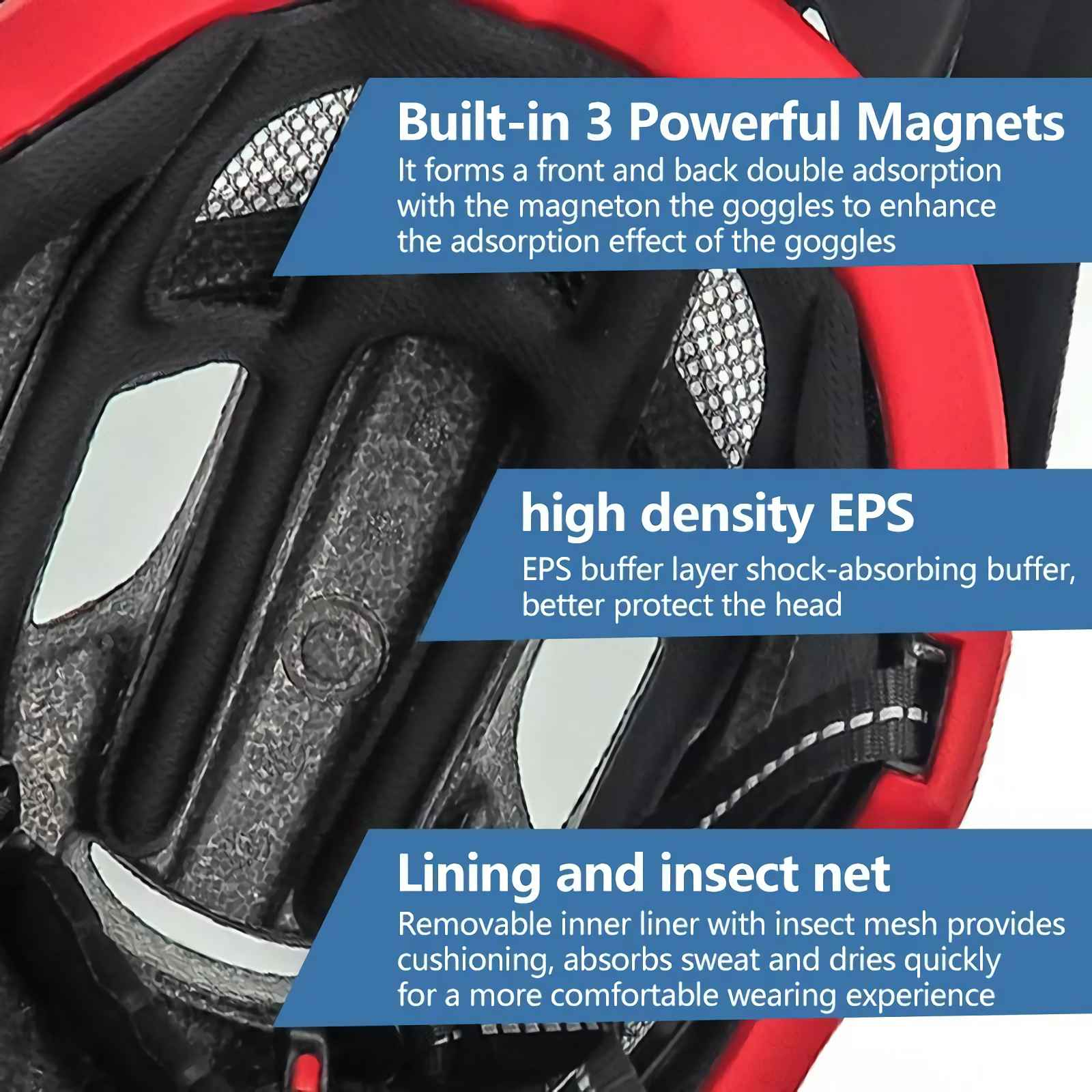 Nahaufnahme des Inneren eines roten Fahrradhelms mit EPS-Schaum, Magneten und Insektennetz.