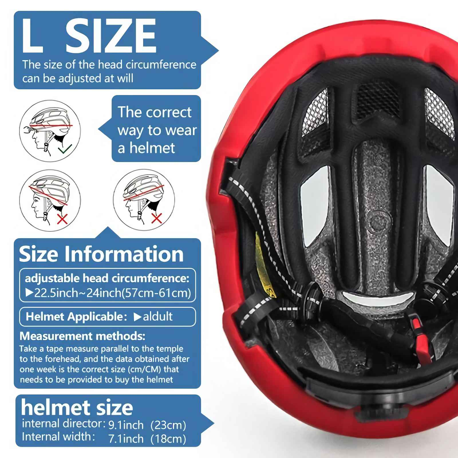 Roter Helm Innenansicht mit Größeninformationen und Anleitung zum richtigen Tragen.