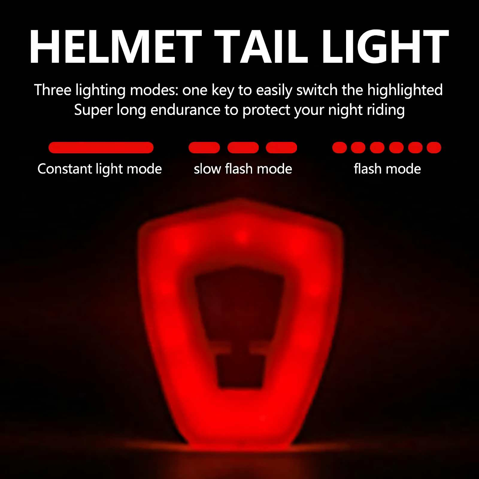 Rotes Helm-Rücklicht mit drei Modi: konstant, langsam blinkend und schnell blinkend.