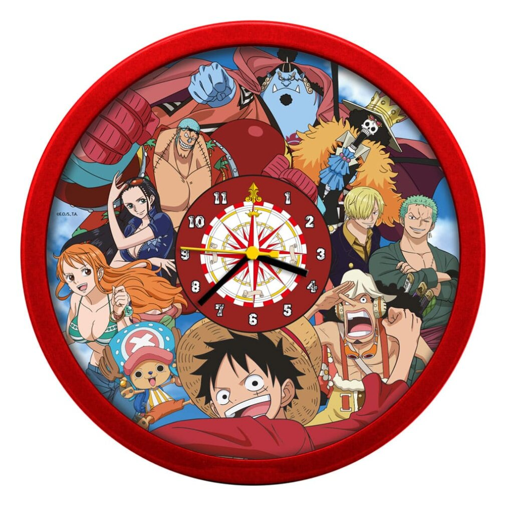 Eine runde Uhr mit rotem Rahmen zeigt verschiedene One Piece Anime-Charaktere und ein Kompassdesign.