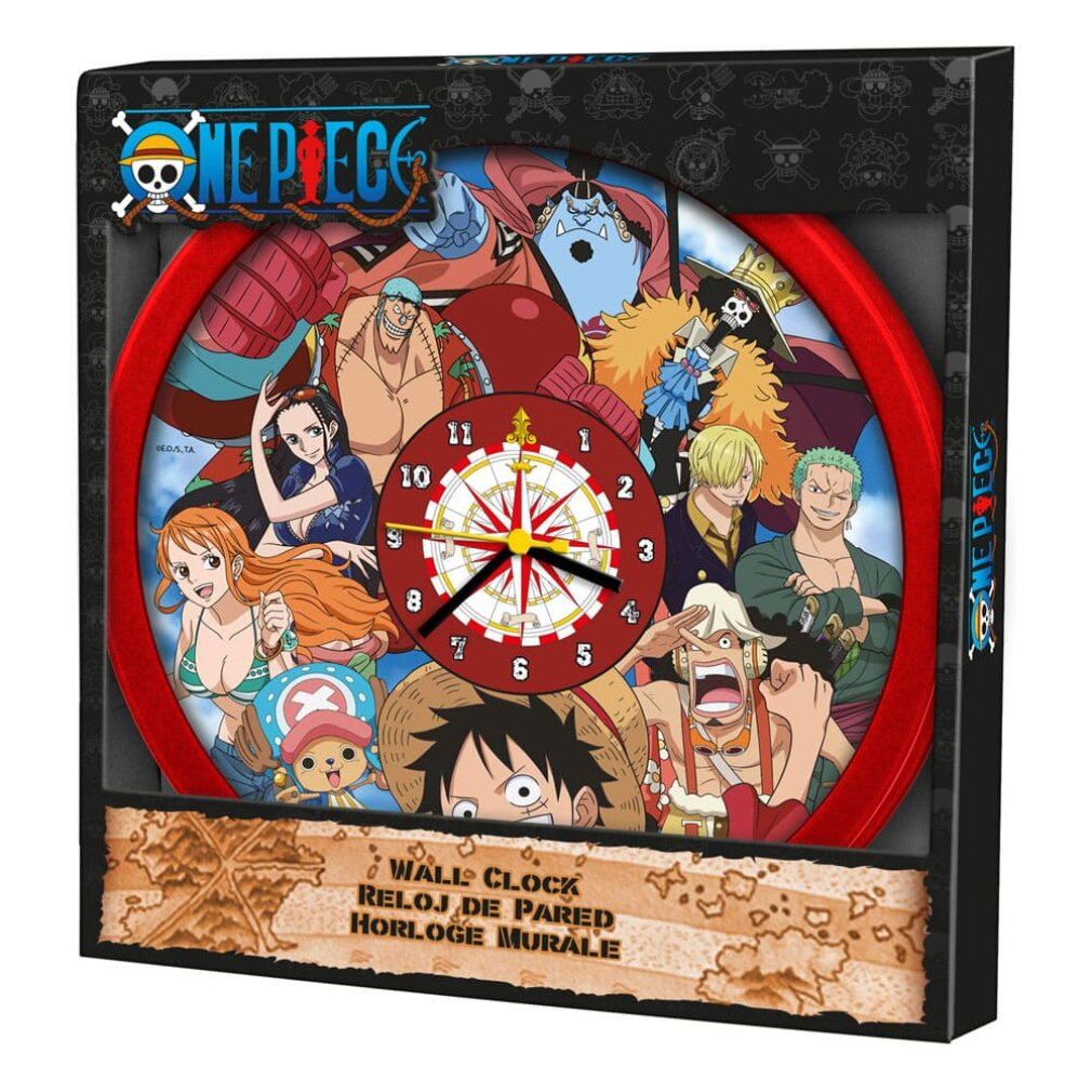 Eine One Piece Wanduhr mit vielen Charakteren und einem Kompass-Zifferblatt.