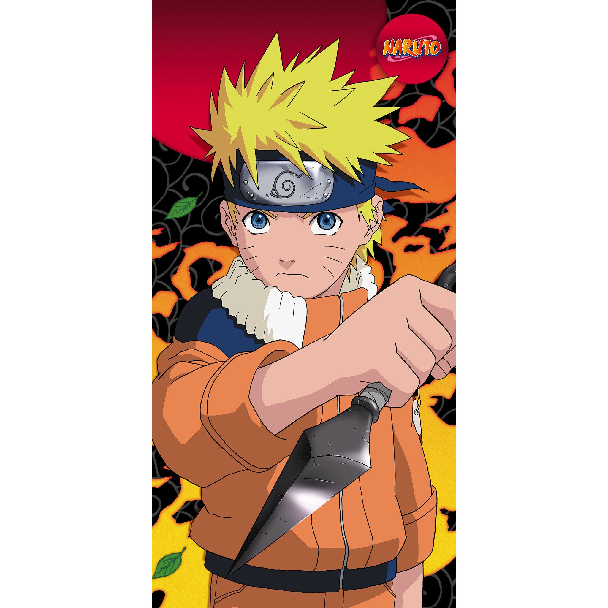 Naruto Uzumaki in oranger Jacke mit Kunai, blauem Stirnband und stacheligen blonden Haaren.