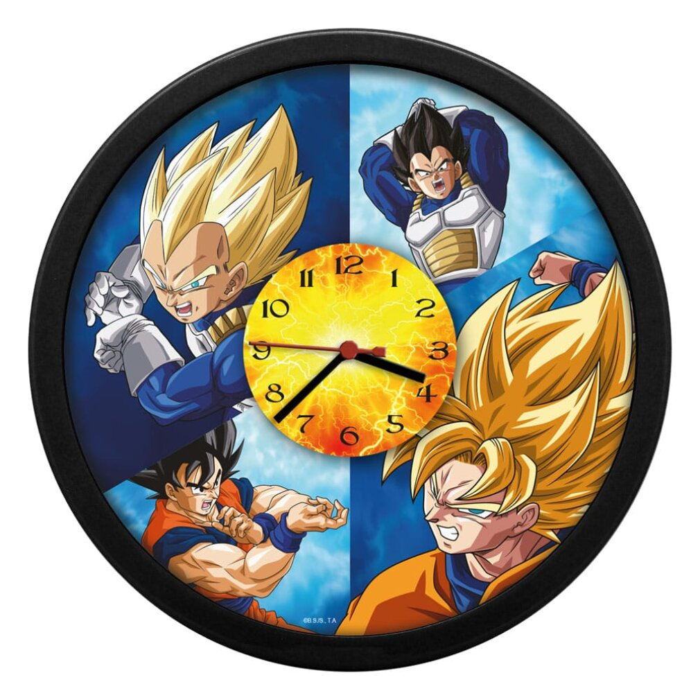Dragon Ball Z Uhr mit Goku und Vegeta in Aktion. Gelbes Zifferblatt mit Blitz.