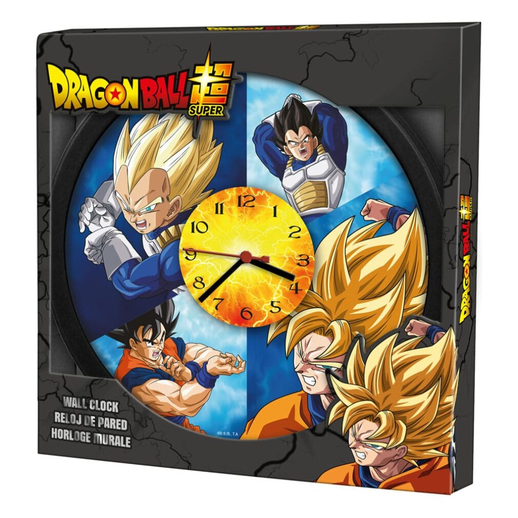 Dragon Ball Super Wanduhr mit Goku und Vegeta in Action-Posen.