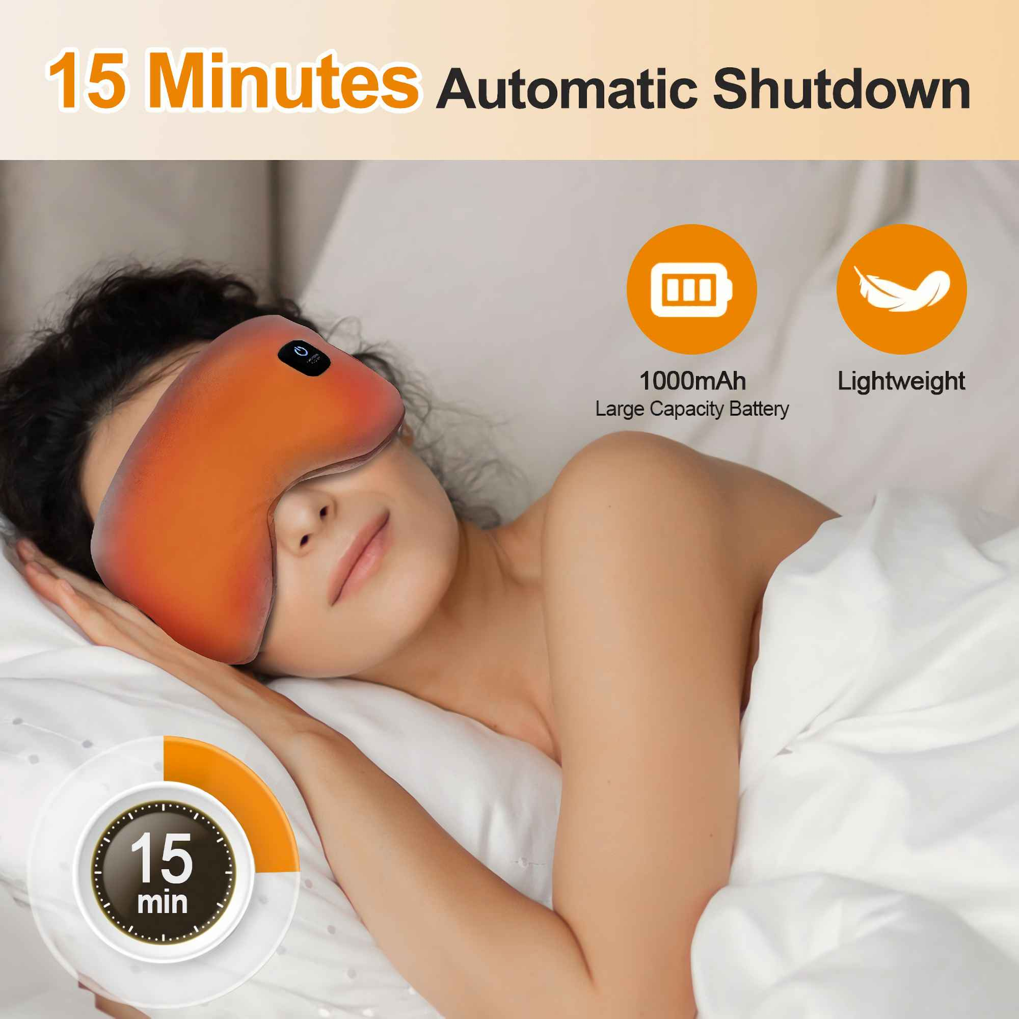 Frau trägt eine orange Augenmaske mit 15-Minuten-Timer, 1000mAh Akku und geringem Gewicht.