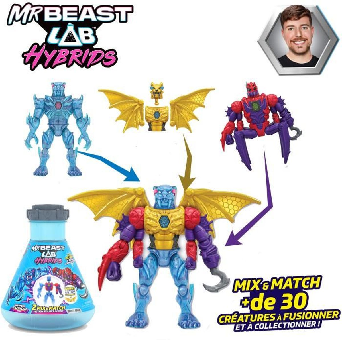 MrBeast Lab Hybrids Spielzeug: mischbare Actionfiguren und eine Laborflasche.