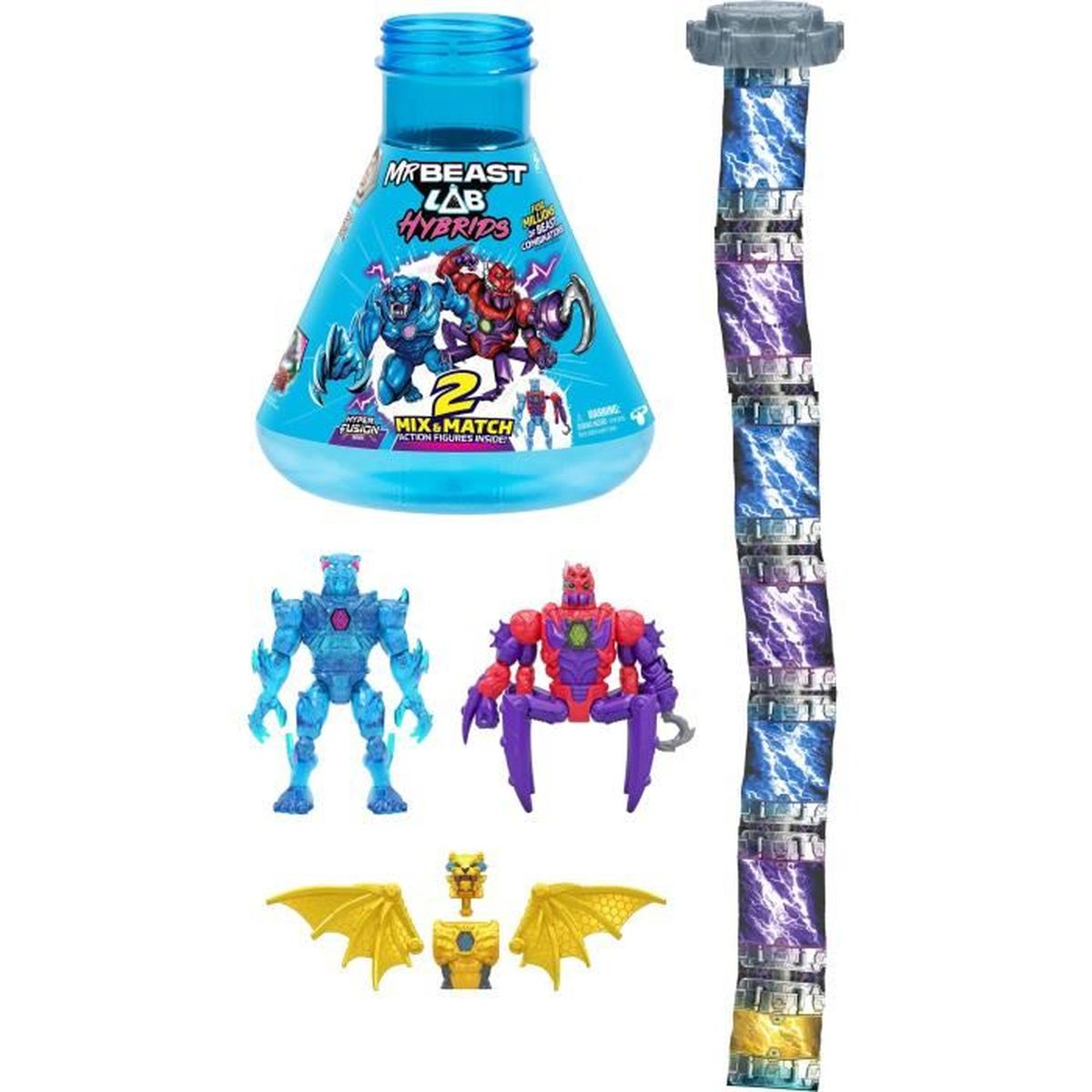 MrBeast Lab Hybrids Spielzeug mit Figuren, einem Laborkolben und einem Röhrenbehälter.