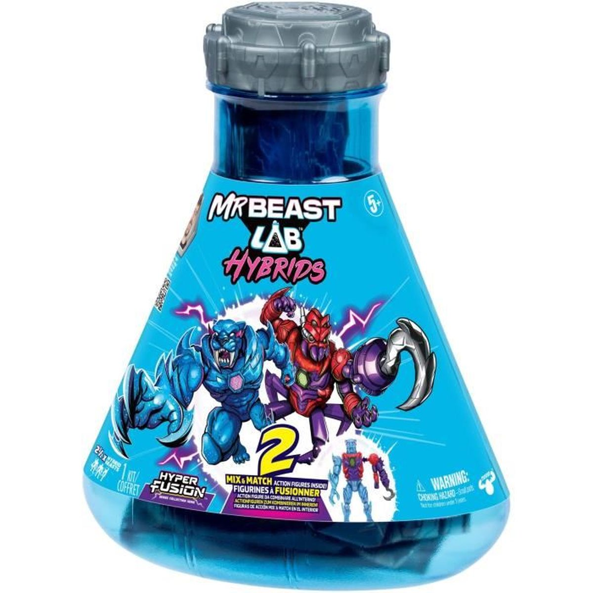 MrBeast Lab Hybrids Spielzeugbehälter mit blauen und roten Monstrenfiguren.