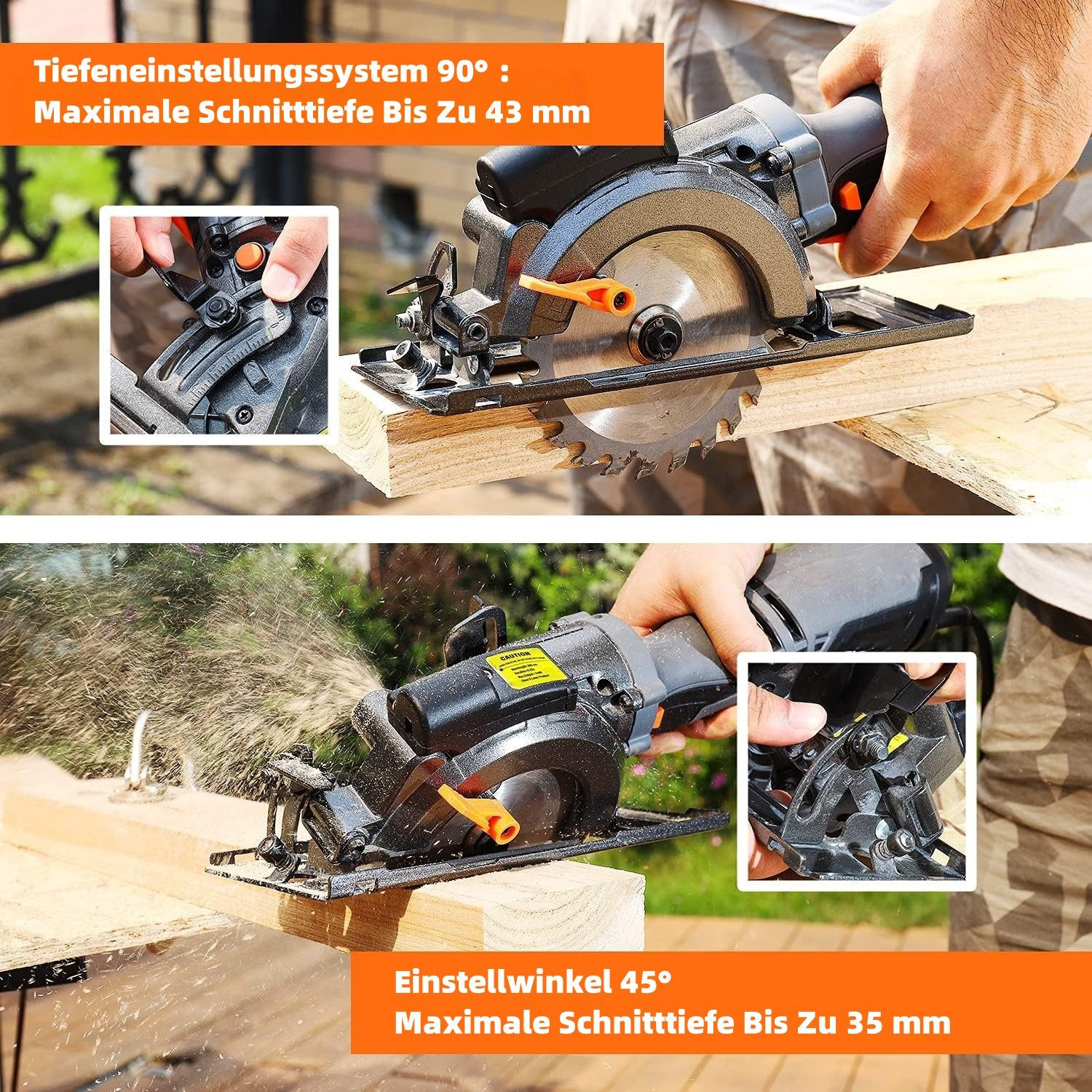 Kreissäge schneidet Holz bei 90° und 45°. Maximale Schnitttiefe 43mm/35mm.