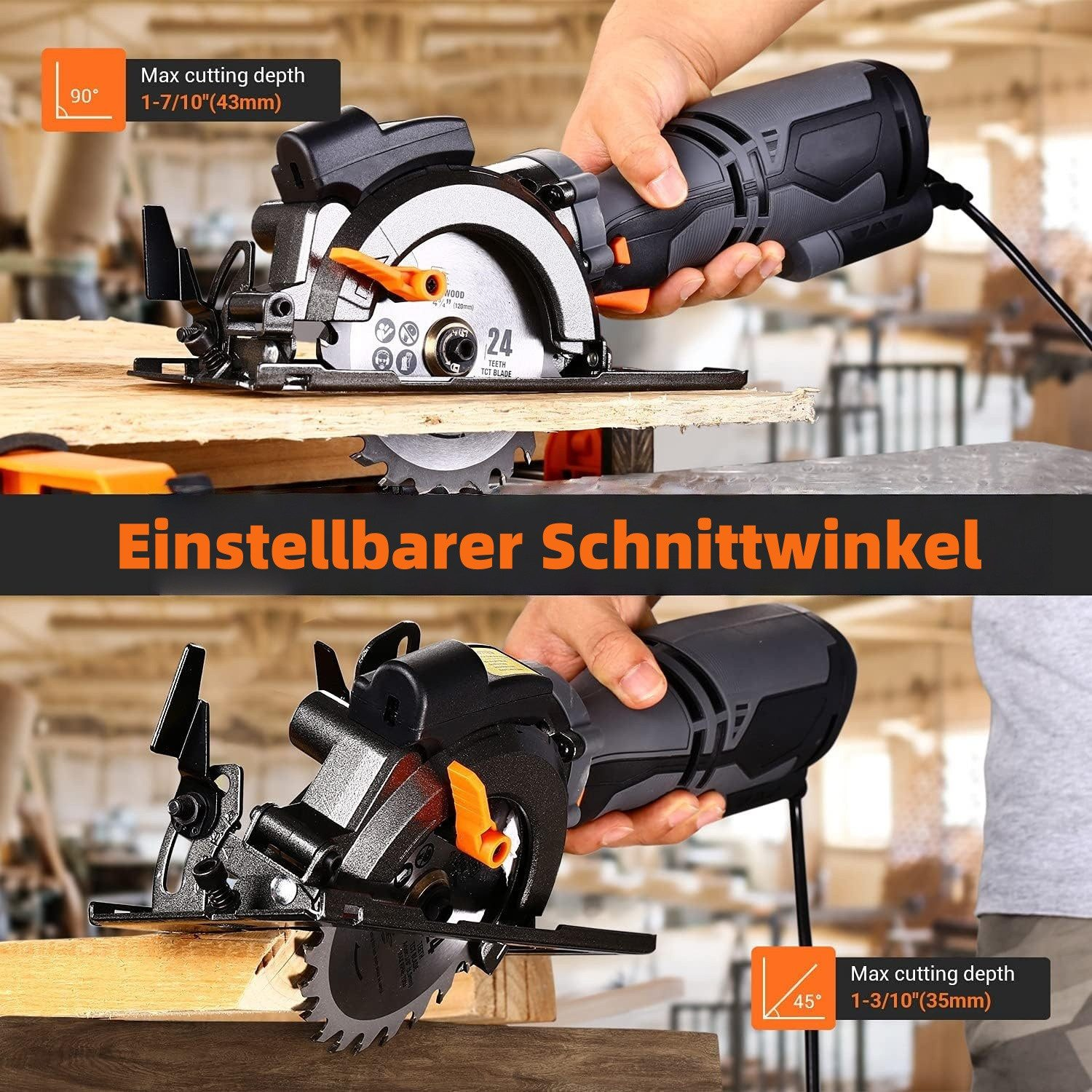 Hand hält Kreissäge über Holz. Zeigt 90° und 45° Schnitthöfe.