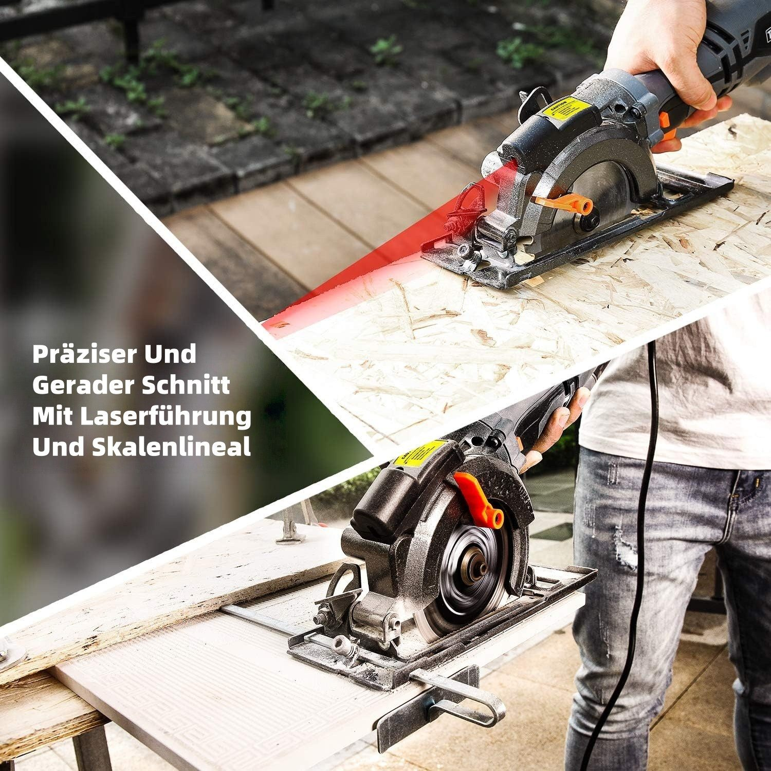 Handkreissäge mit rotem Laserstrahl schneidet Holzplatte. Präziser Schnitt.