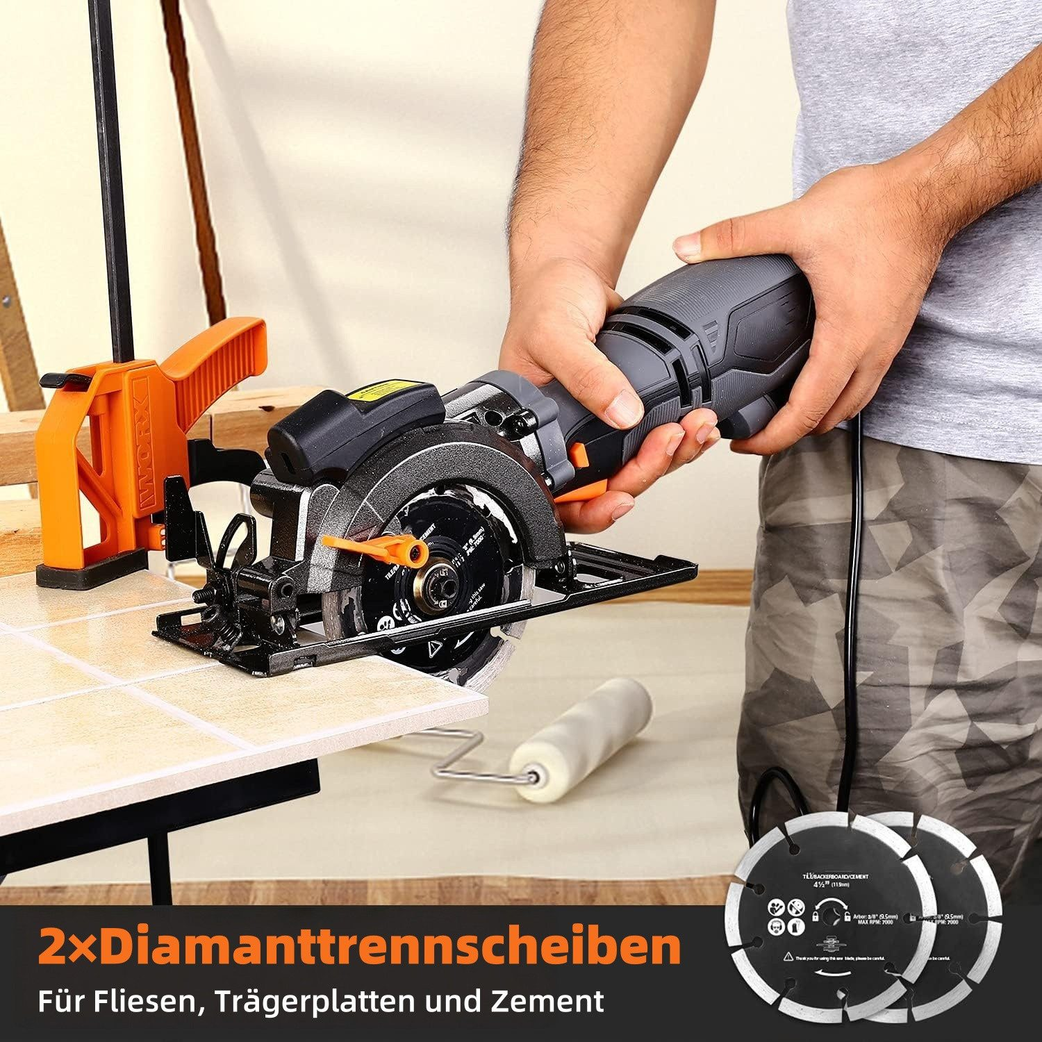 Mann hält Kreissäge über Fliesen, mit zwei Diamantscheiben.