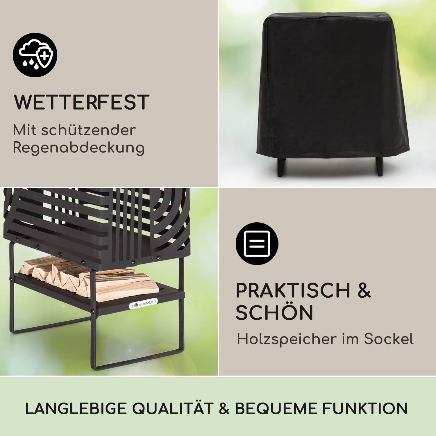 Wetterfester Holzstapel mit Abdeckung und Text.