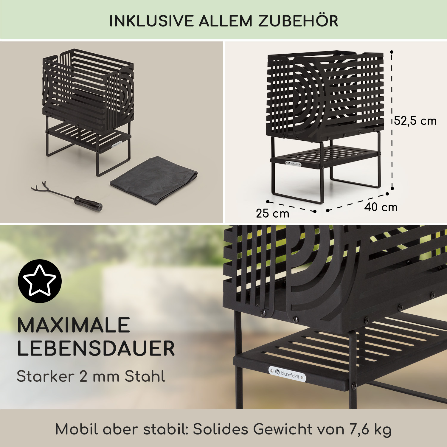 Schwarzer Metall-Feuerkorb mit zwei Ablagen, Grillwerkzeug, Abdeckung und Maßen.