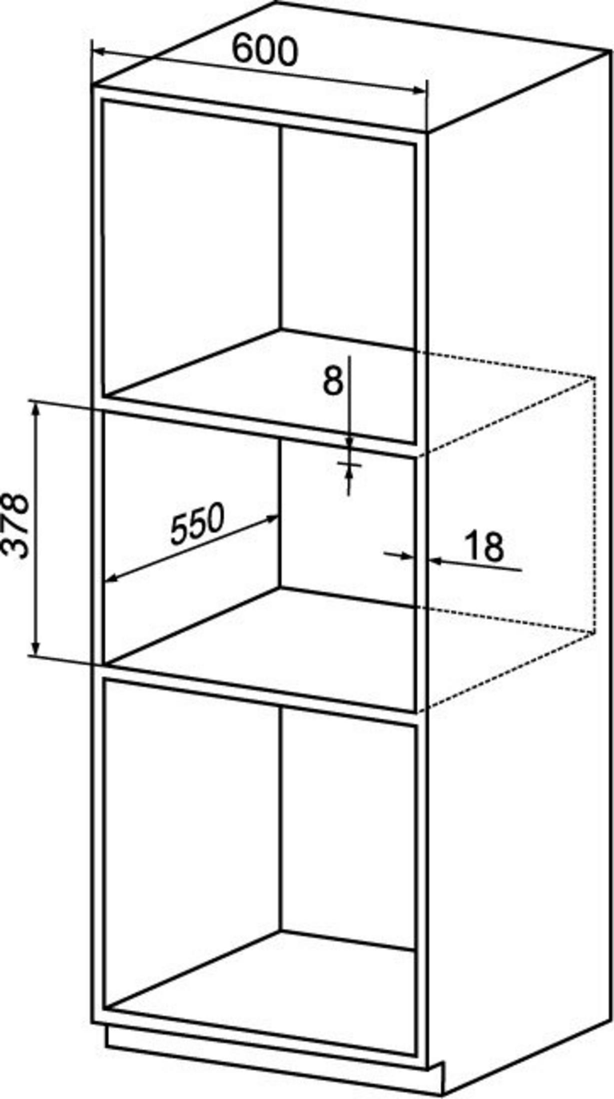 Rysunek techniczny szafki z trzema przegrodami i wymiarami.
