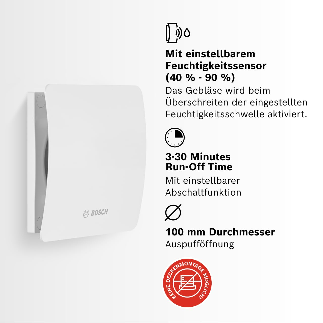 Bosch Lüftungsgerät mit Feuchtigkeitssensor, einstellbarer Nachlaufzeit und 100mm Austritt.