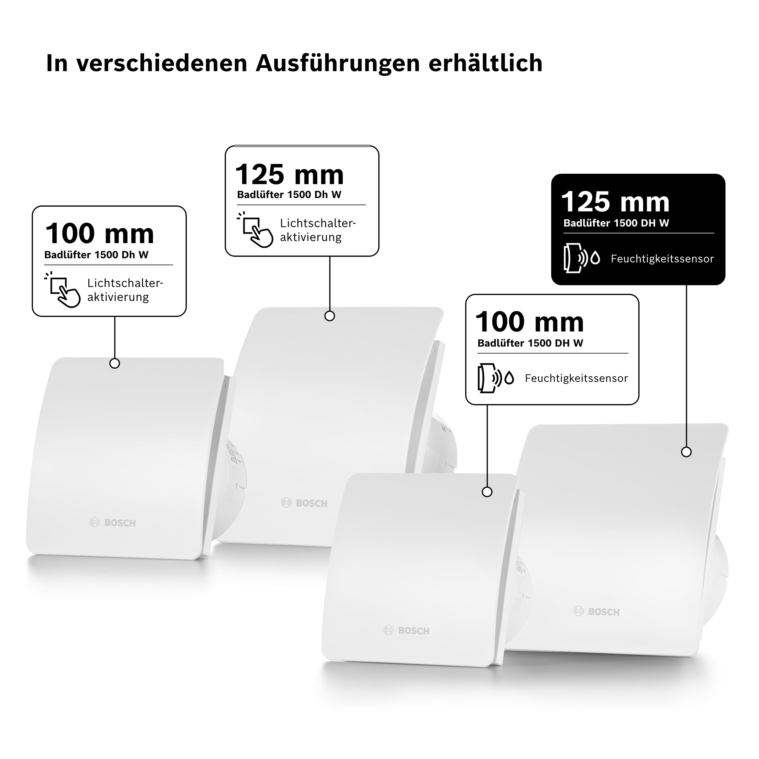 Vier weiße Bosch Badlüfter, zwei 100mm und zwei 125mm, mit Merkmals-Aufrufen.
