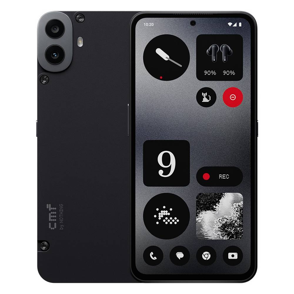 Çift lensli kameraya ve ekranda minimalist widget'lara sahip siyah akıllı telefon.