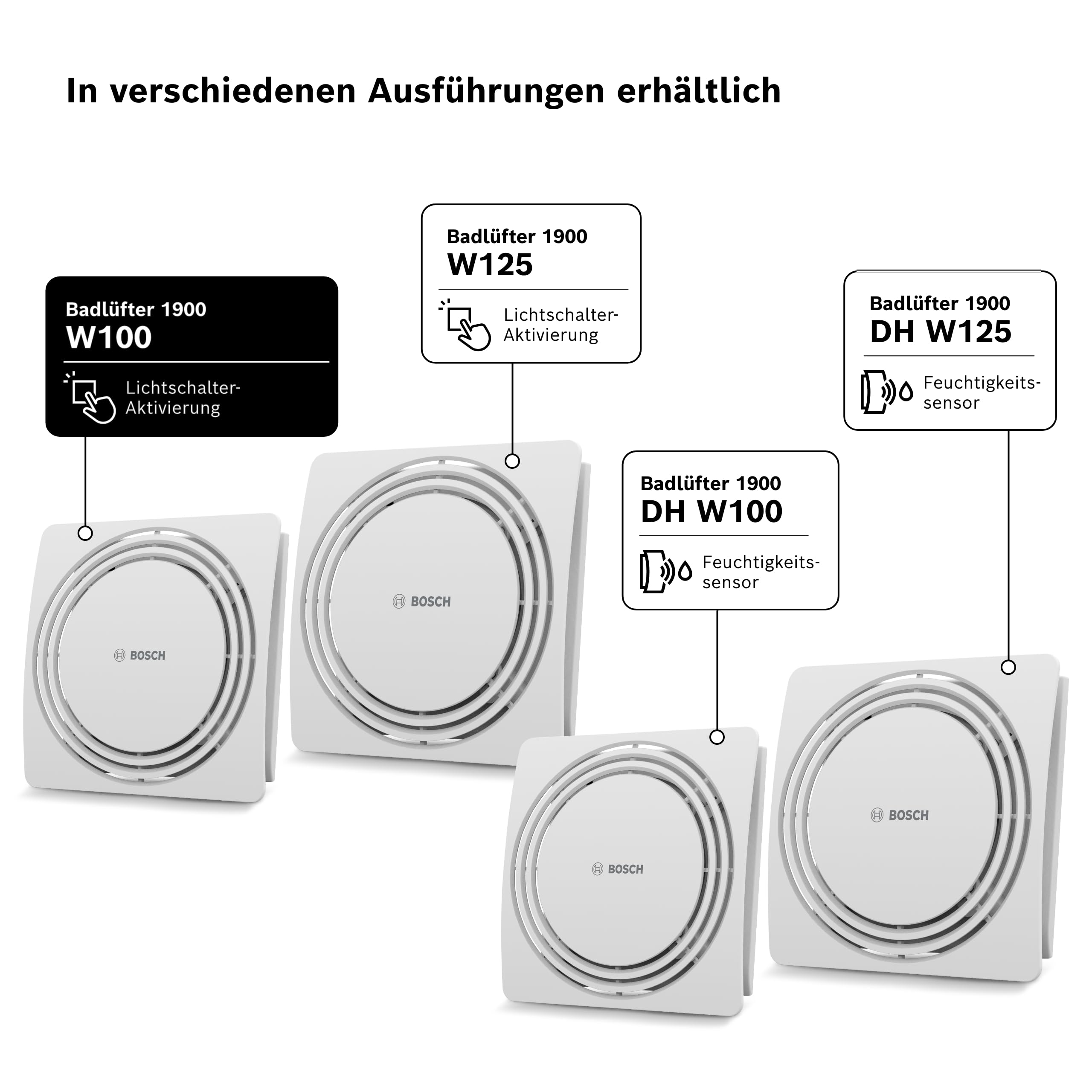 Sono esposti quattro modelli di ventilatori da bagno Bosch 1900 bianchi.