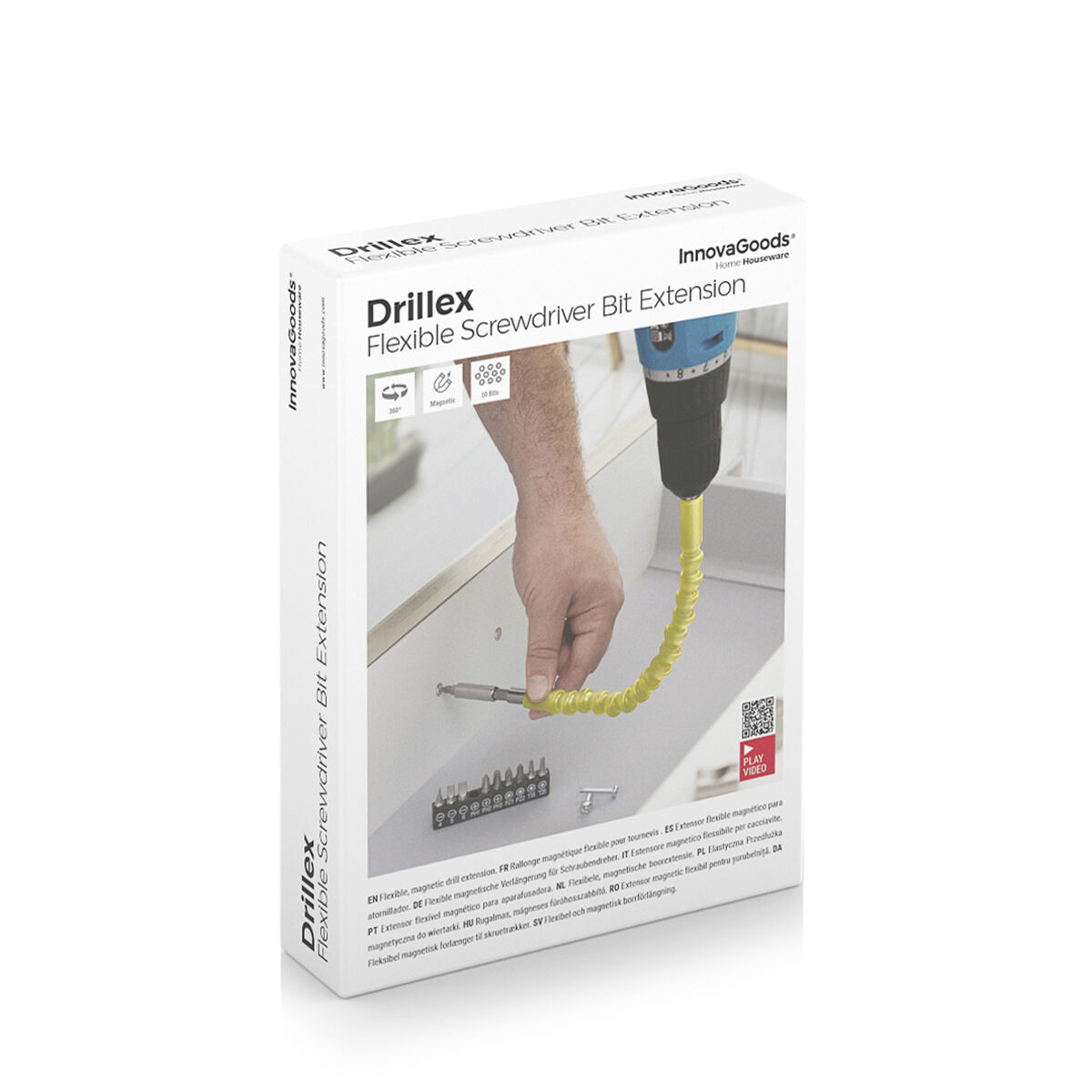Confezione per estensione magnetica flessibile per cacciavite Drillex con trapano e punte.
