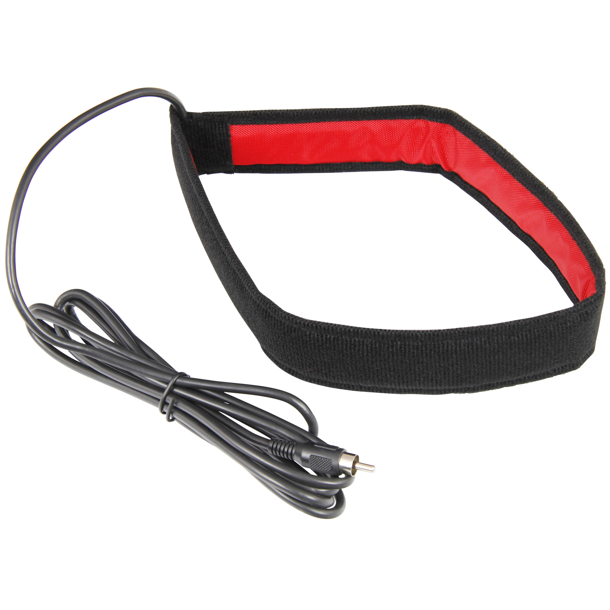 Ein schwarzes Stoffstirnband mit rotem Innenfutter und einem schwarzen Kabel mit Cinch-Stecker.