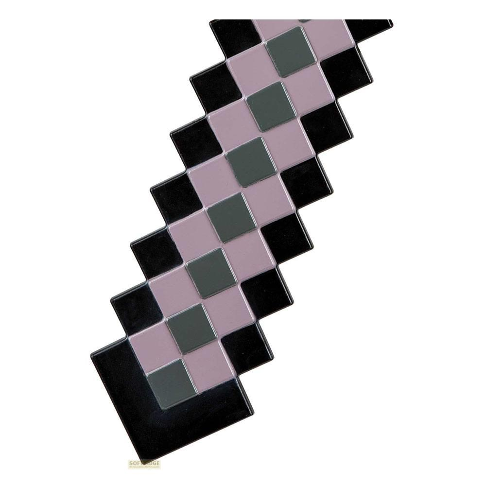 Ein pixeliges Schwert aus schwarzen, grauen und lila Quadraten auf weißem Hintergrund.