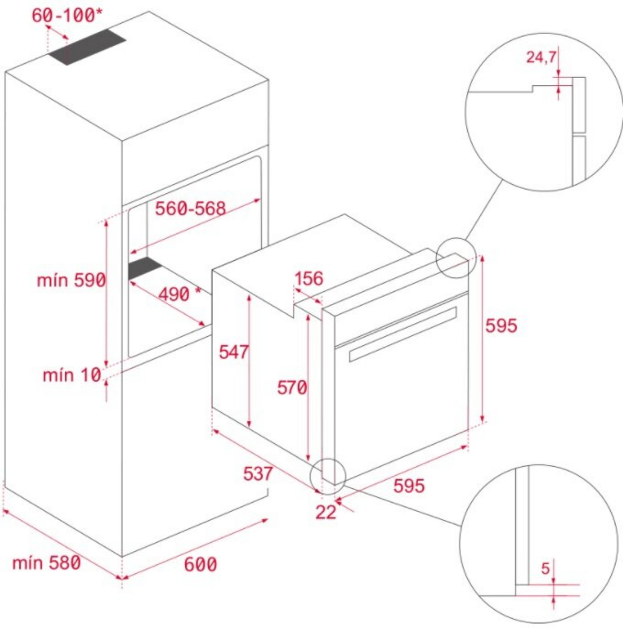 Diagram przedstawiający wymiary urządzenia: szerokość 600mm, wysokość 595mm, głębokość 570mm. Różne pomiary pokazane.