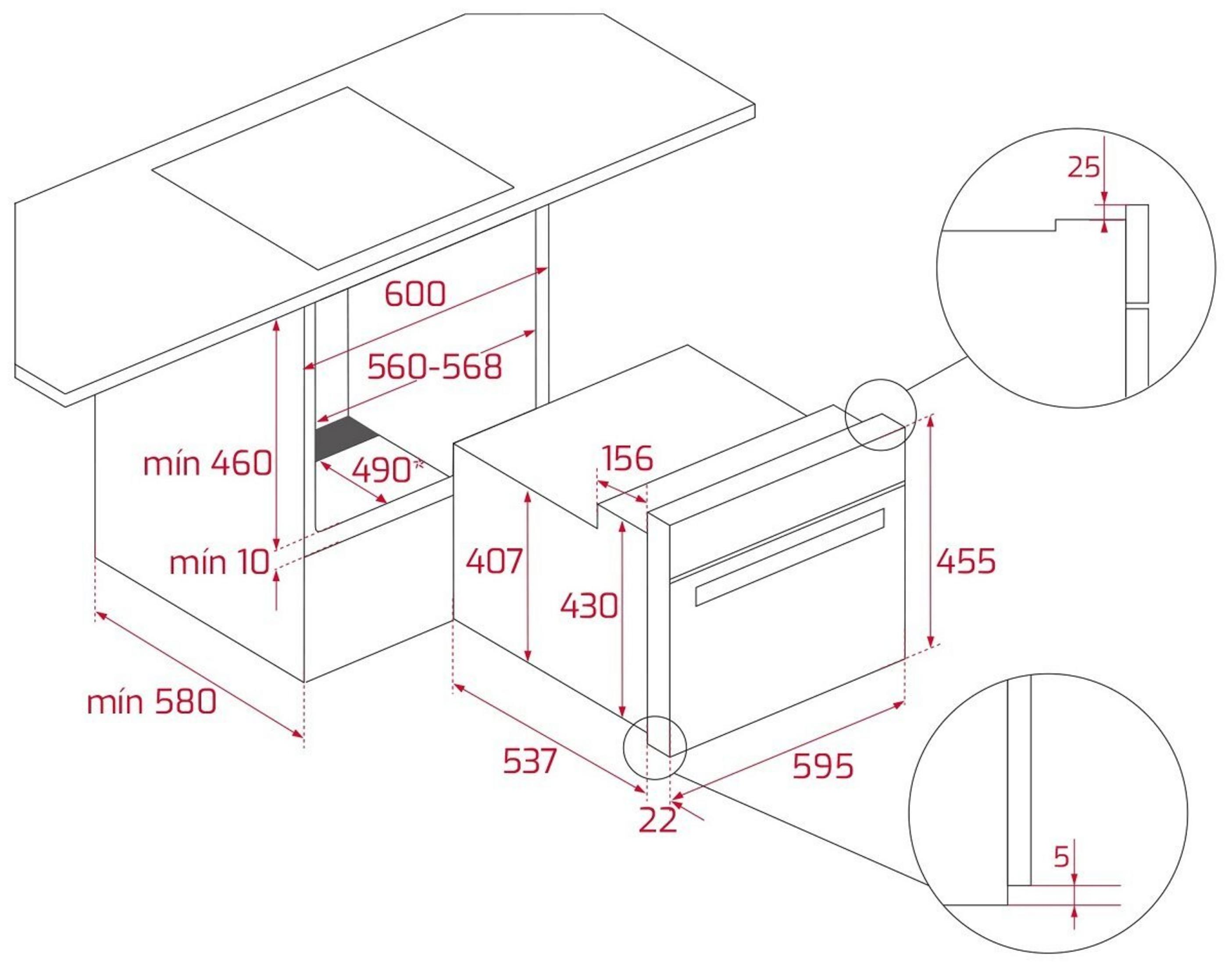 Schemat przedstawiający wymiary piekarnika do zabudowy i blatu. Kluczowe wymiary są oznaczone.