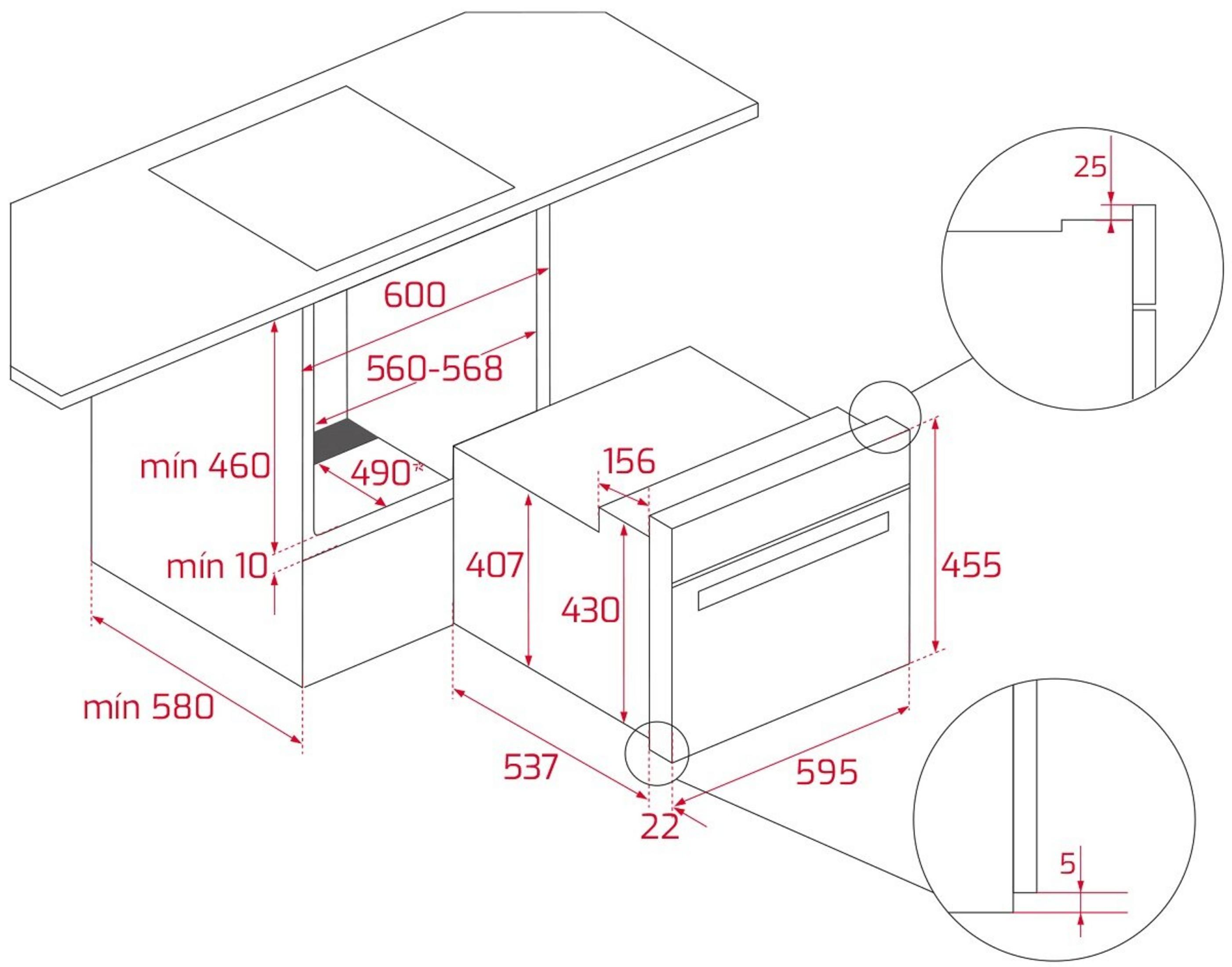 Rysunek techniczny szafki wnękowej z wymiarami piekarnika.