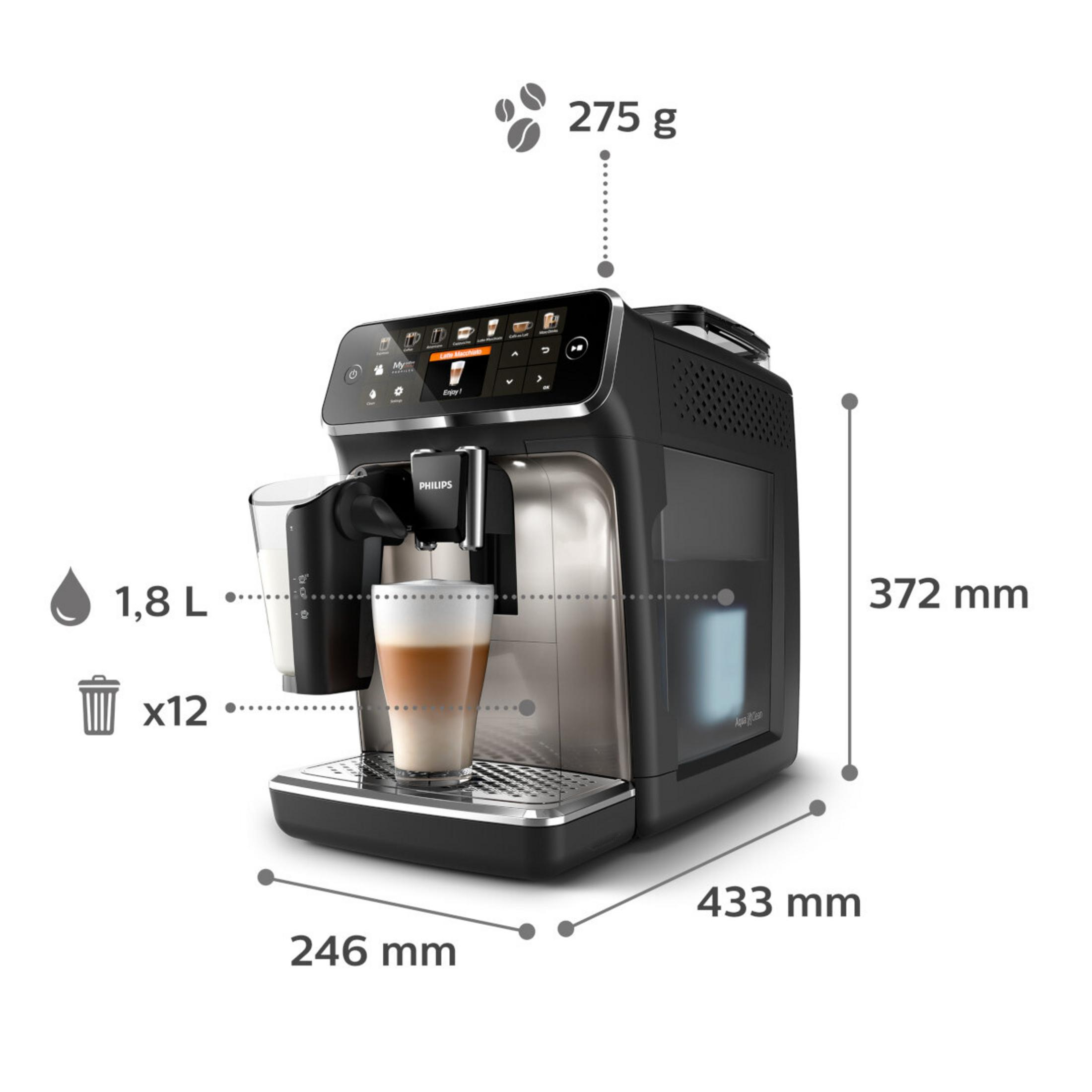 Ekspres do kawy Philips z pojemnikiem na wodę 1,8L, na 275g ziaren i Latte Macchiato.