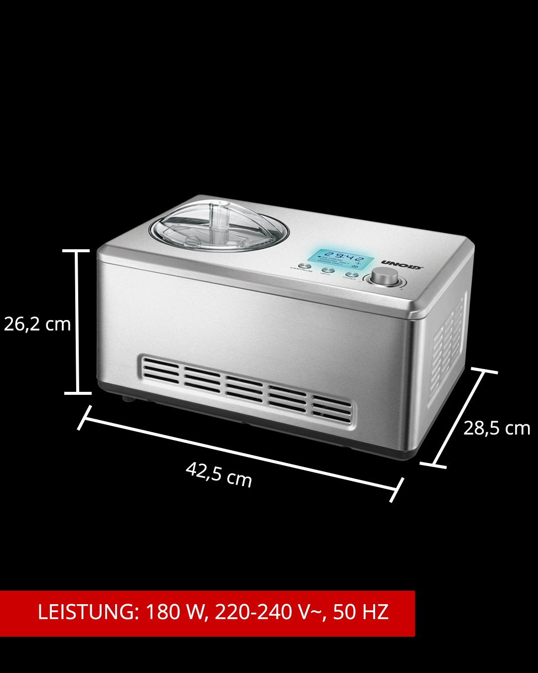 Silberne Eismaschine mit Digitalanzeige, Maße angegeben. Leistung: 180W.