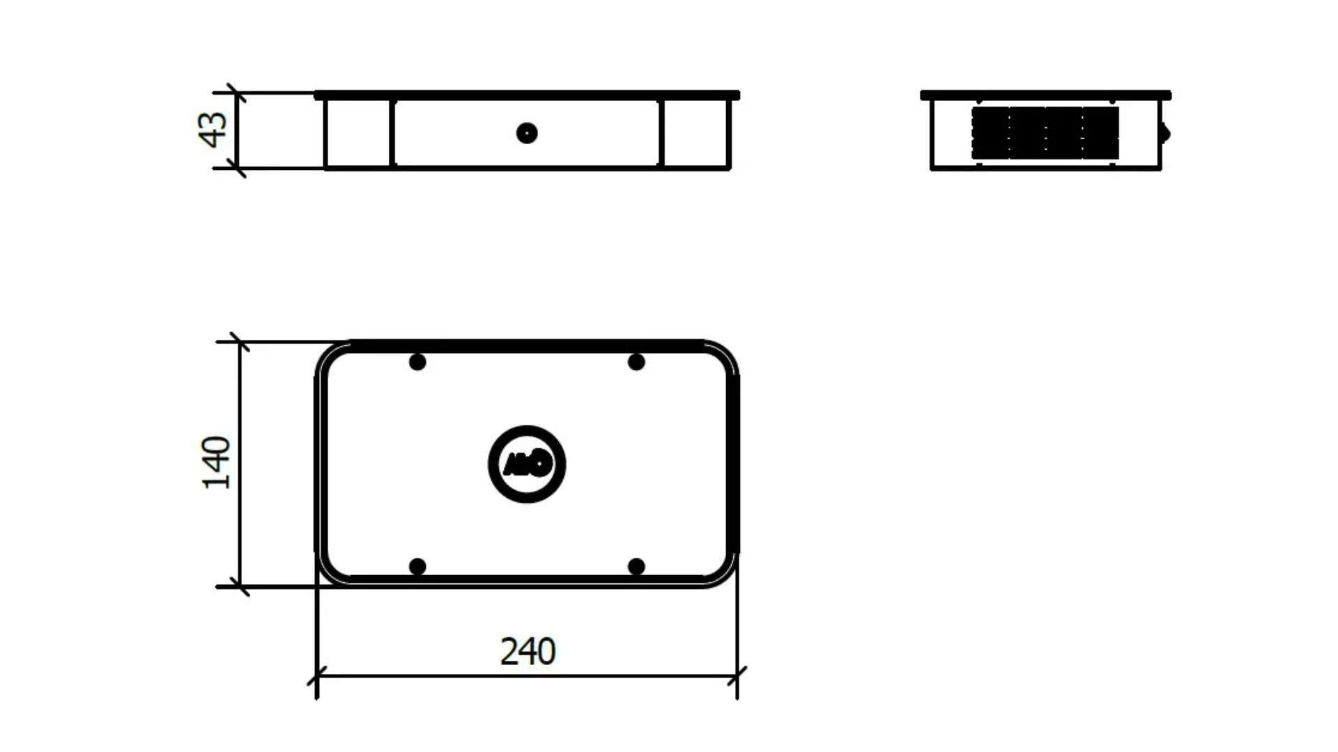 Disegno tecnico di un oggetto rettangolare con dimensioni 240x140x43 mm.