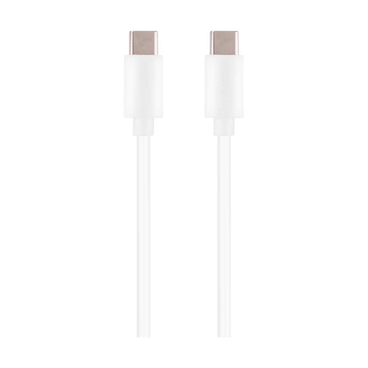 Due cavi USB-C bianchi con connettori argentati su sfondo bianco.