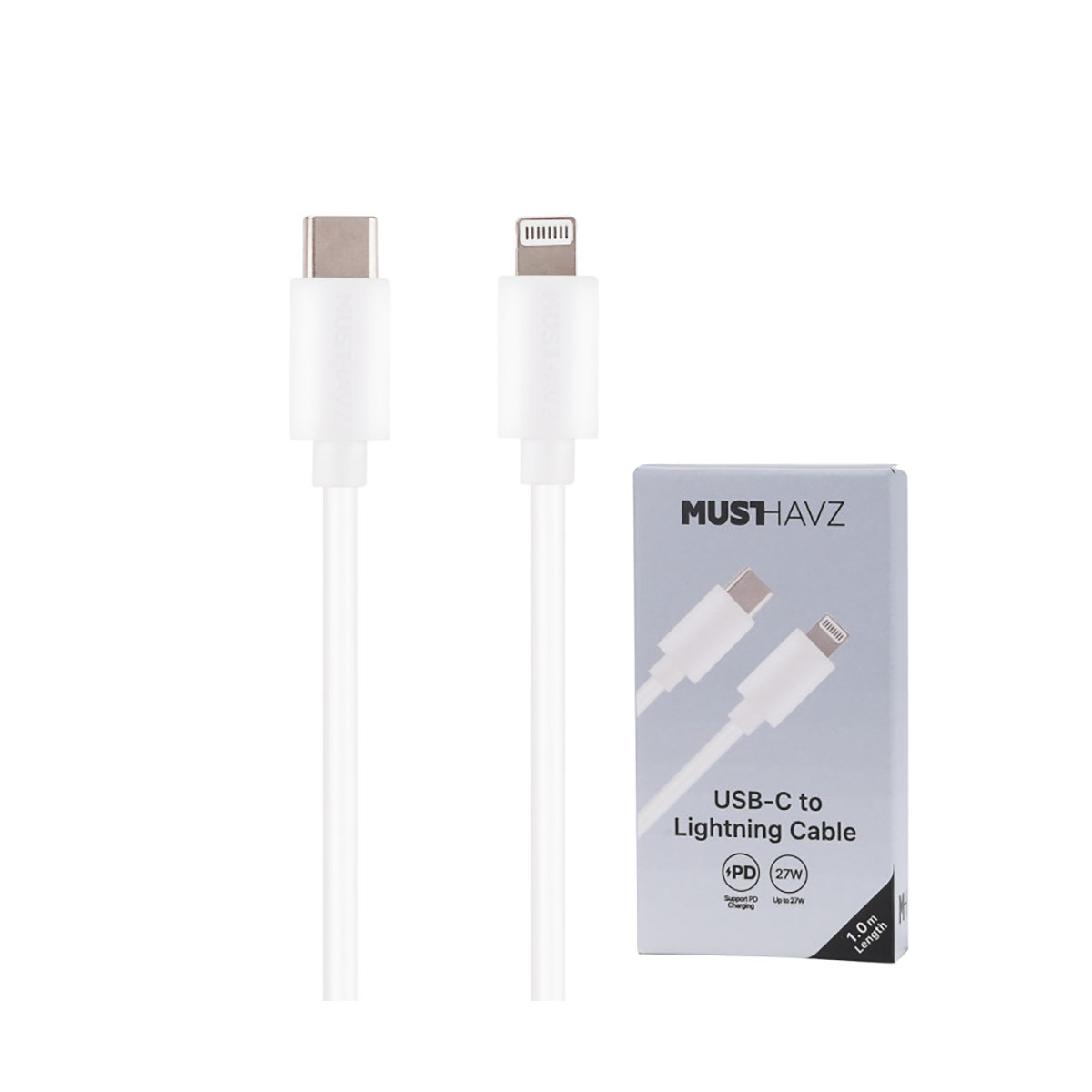 Câble USB-C vers Lightning blanc et son emballage, étiqueté 'Musthavz', '1.0m Longueur'.