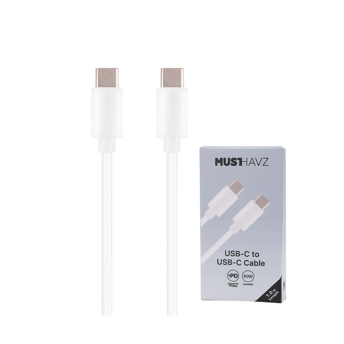 Due cavi USB-C bianchi accanto a una confezione di cavo da USB-C a USB-C.