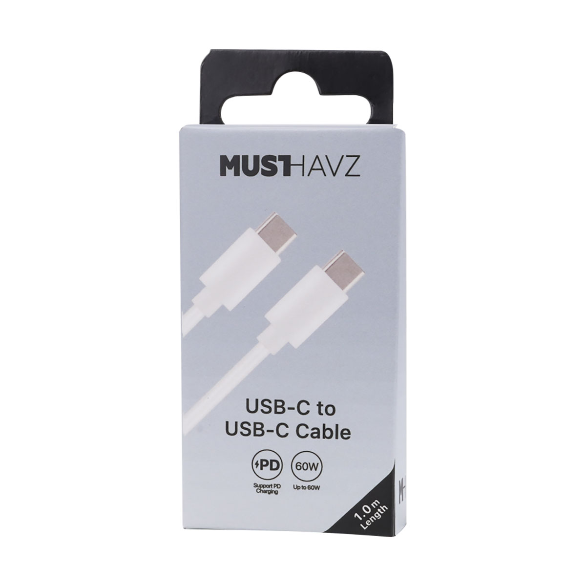 Cavo Musthavz da USB-C a USB-C, 1m, supporta ricarica PD 60W. Cavo bianco.