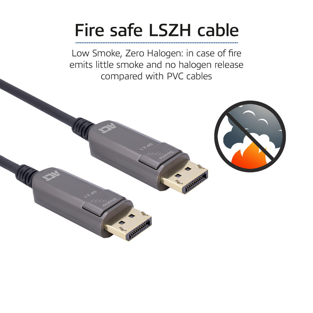 Zwei DisplayPort 2.1 Kabel mit ACT Logo. Brandsicher LSZH Text und Icon.