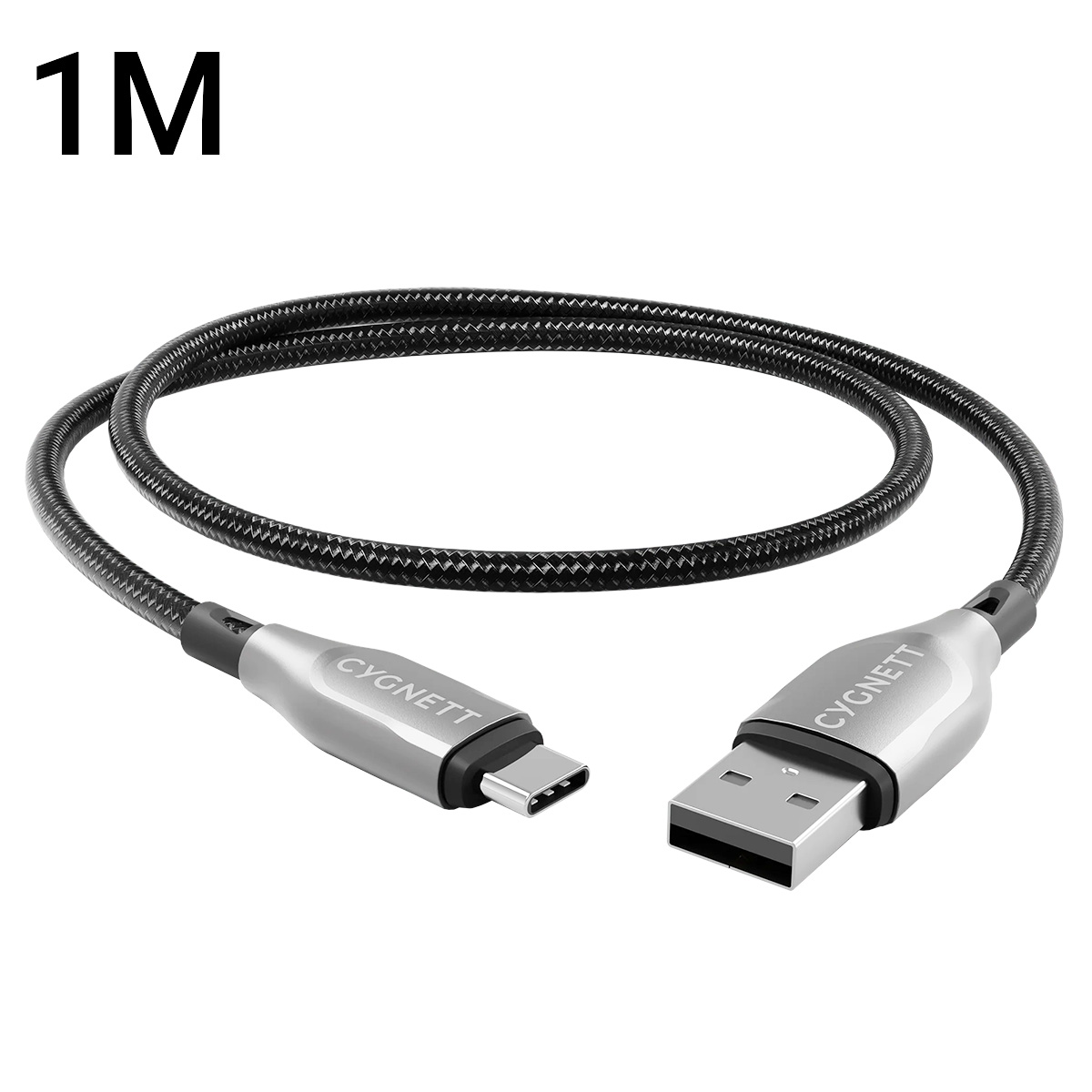 Un cavo Cygnett USB-C a USB-A nero da 1M con connettori argentati.