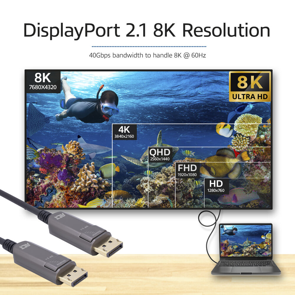 DisplayPort 2.1 Kabel verbindet Laptop mit 8K-Monitor mit Unterwasser-Szene.