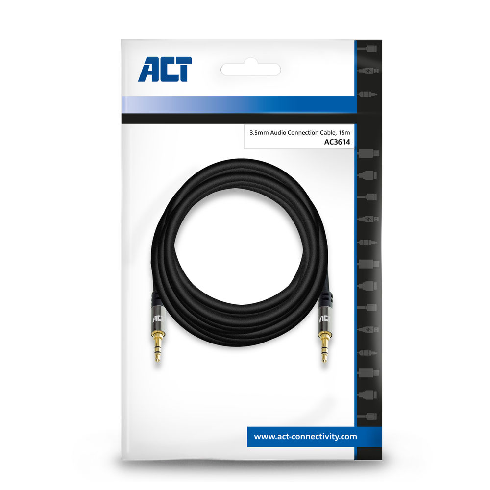 Schwarzes 3,5-mm-Audiokabel in Verpackung mit ACT-Logo und Modellnummer AC3614.
