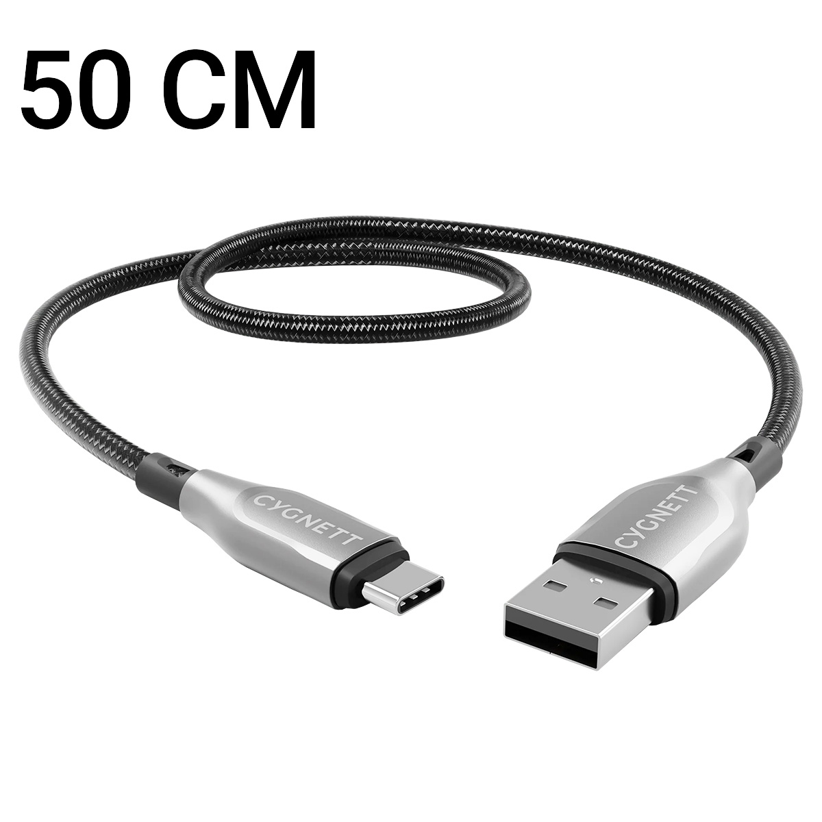 Un cavo USB-C nero da 50 cm con connettori argento e logo Cygnett.