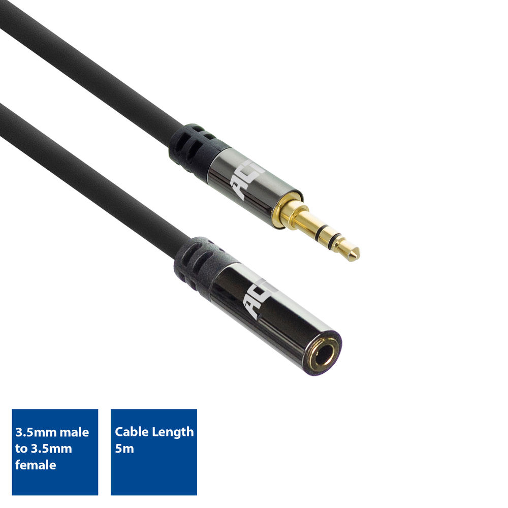 Schwarzes 3,5-mm-Audio-Verlängerungskabel (Stecker auf Buchse) mit Goldsteckern.