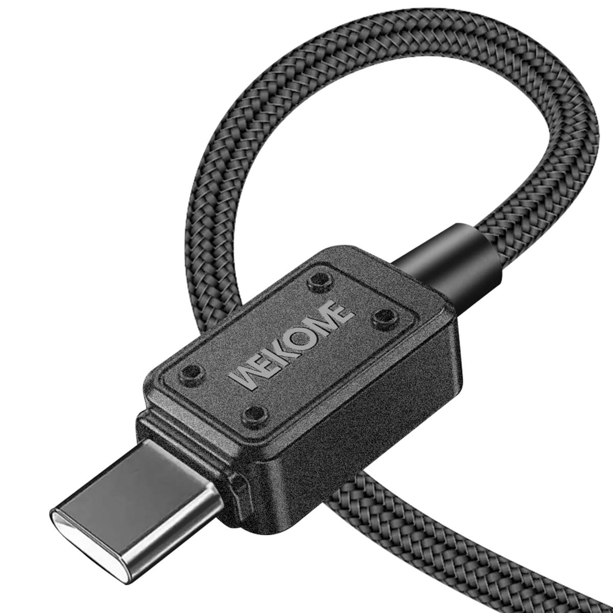 Un câble USB-C tressé noir avec un boîtier de connecteur texturé marqué WEKO ME.